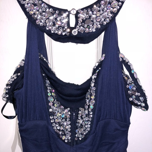 Long Navy High Neck Off Shoulder Prom Dress - Picture 3 of 3